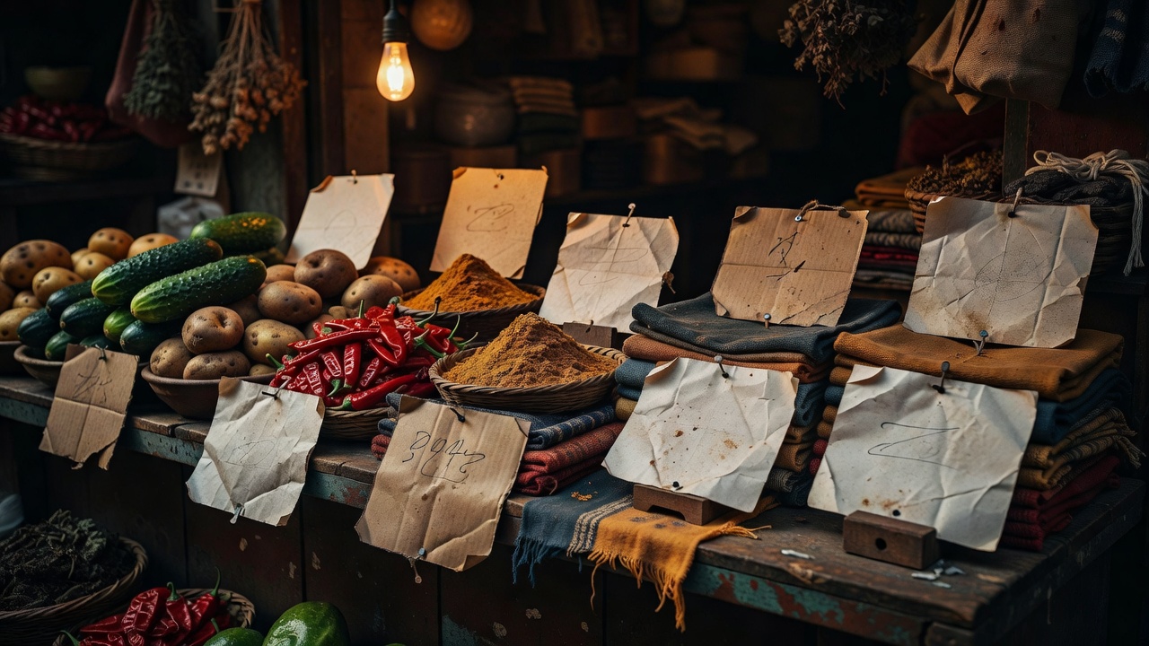 Handwritten price labels beside objects in a dim market stall