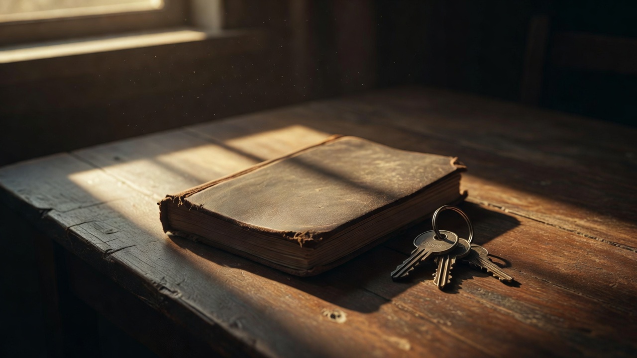 Worn notebook and familiar keys on a wooden table in angled light