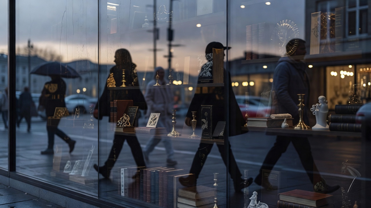 Evening shop window reflecting pedestrians and objects in overlapping layers